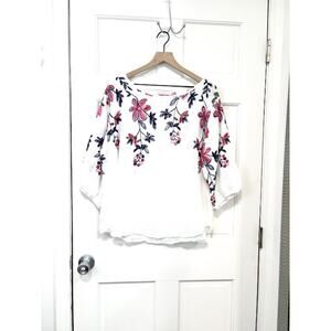 Ana & Rose Peasant Top Plus Size 2X White Floral Embroidery 3/4 Sleeves Summer